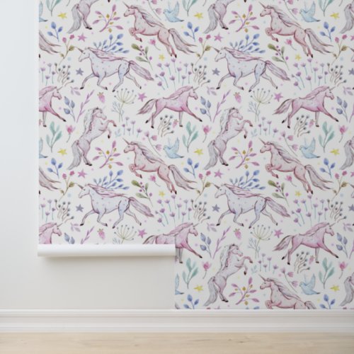 Floral Watercolor Unicorn Pattern Wallpaper