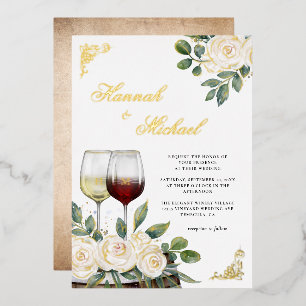 Floral Watercolor Vineyard Wedding Gold Foil Invitation