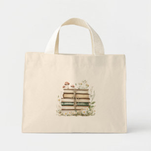 Floral Watercolor Vintage Books Mini Tote Bag