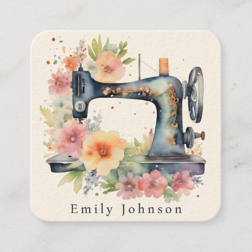 Floral Watercolor Vintage Sewing Machine Fashion  Square Business Card