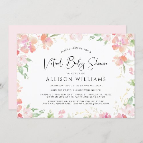 Floral Watercolor Virtual Pink Gold Baby Shower Invitation