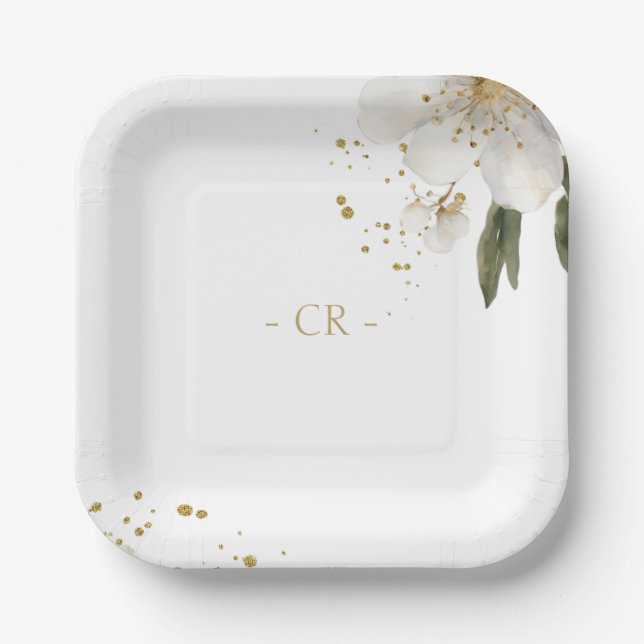 Floral Watercolor Wedding Initials Paper Plates (Front)