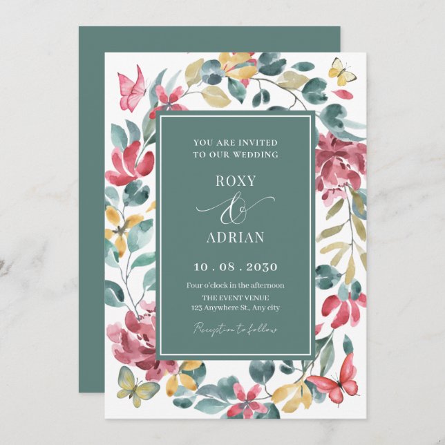 Floral watercolor wedding invitation (Front/Back)