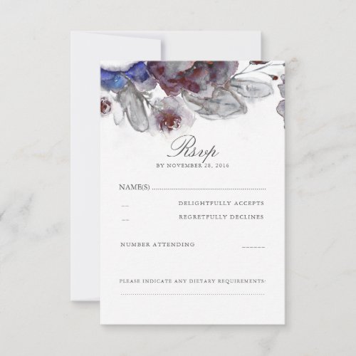 Floral Watercolor Wedding RSVP Cards - Burgundy and navy flowers watercolor wedding reply cards
