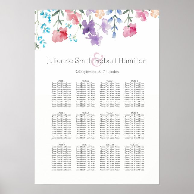 Floral Watercolor Wedding Seating Chart 12 Tables (Front)