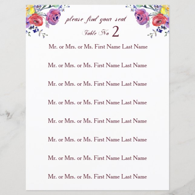 Floral Watercolor Wedding Table Seating Sign (Front)