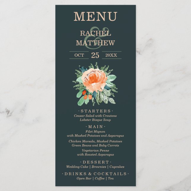 Floral Watercolor Wedding Teal Menu (Front)