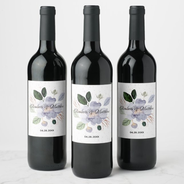 Floral Watercolor Wedding Wine Label (Bottles)