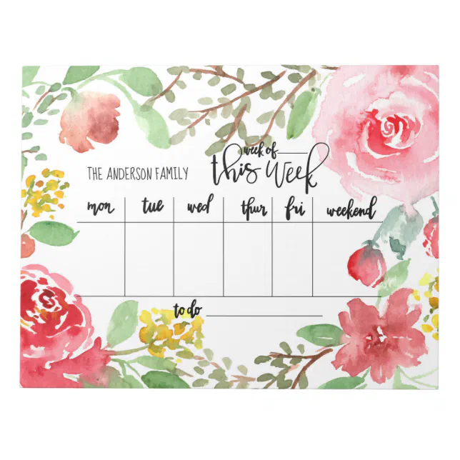 Floral watercolor weekly planner notepad | Zazzle