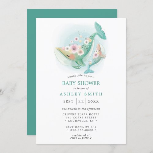 Floral Watercolor Whale Teal Baby Shower Invitation