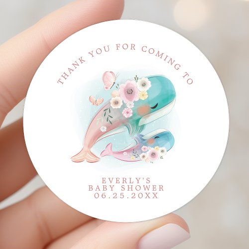 Floral Watercolor Whales Baby Shower Thanks Classic Round Sticker