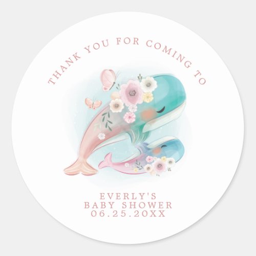 Floral Watercolor Whales Baby Shower Thanks Classic Round Sticker