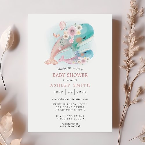 Baby Shower Invitations 5 Floral Watercolor Whales Girl Baby Shower Invitation