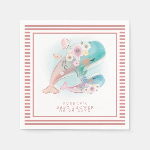 Floral Watercolor Whales Girl Baby Shower Napkins