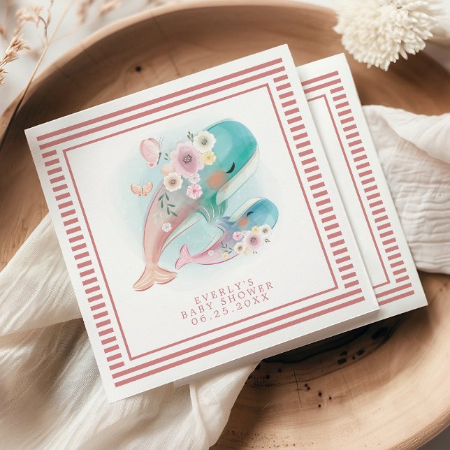 Floral Watercolor Whales Girl Baby Shower Napkins (Creator Uploaded)