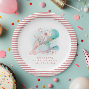 Floral Watercolor Whales Girl Baby Shower Paper Plates