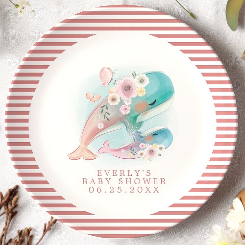 Floral Watercolor Whales Girl Baby Shower Paper Plates