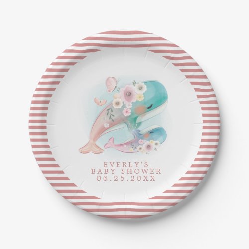Floral Watercolor Whales Girl Baby Shower Paper Plates