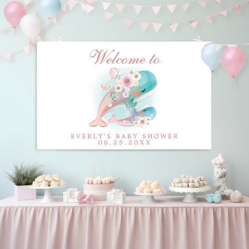 Floral Watercolor Whales Girl Baby Shower Welcome Banner