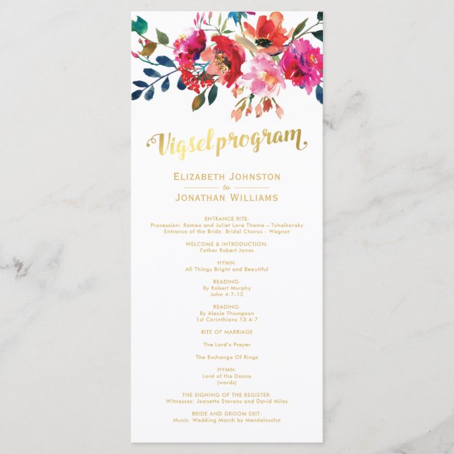Floral Watercolor White Gold Wedding Program (Front)