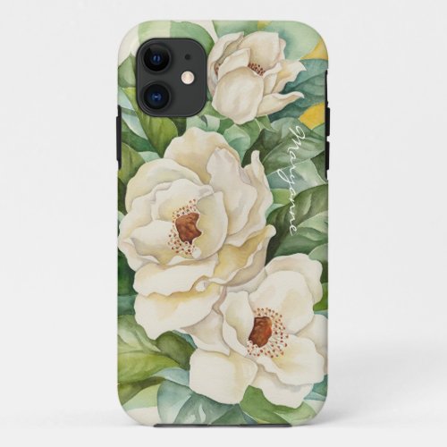 Floral Watercolor White Magnolia Name Script iPhone 11 Case