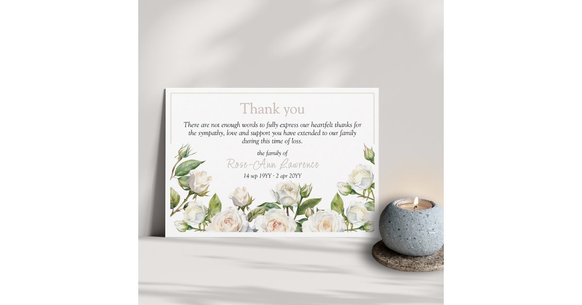 Floral watercolor white roses frame funeral thank you card | Zazzle