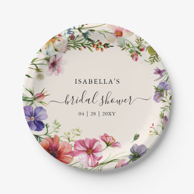 Floral Watercolor Wildflower Bridal Shower Paper Plates (Front)