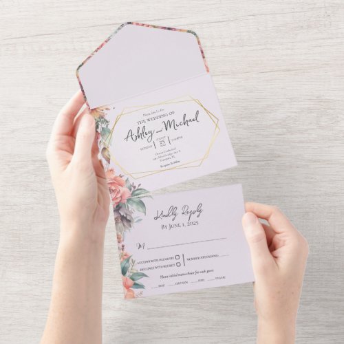 Floral Watercolor Wildflower Geometric Wedding All In One Invitation