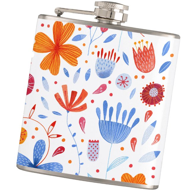 Floral Watercolor Wildflower Pattern Flask (Blue white and orange wildflower floral watercolor pattern hip flask)