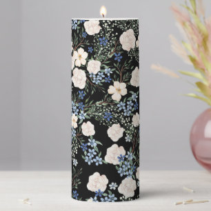 Floral Watercolor Wildflowers Pink Blue Leaves Pillar Candle