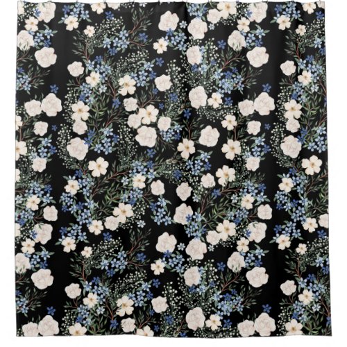 Floral Watercolor Wildflowers Pink Blue Leaves Shower Curtain