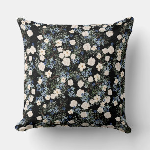 Floral Watercolor Wildflowers Pink Blue Leaves Throw Pillow