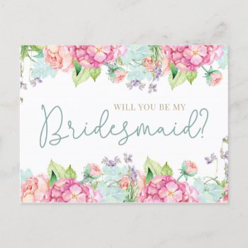 Floral Watercolor Will You Be My Bridesmaid? Invitation Postcard by kersteegirl at Zazzle