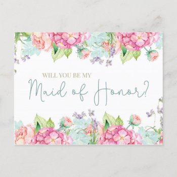 Floral Watercolor Will You Be My Maid Of Honor? Invitation Postcard by kersteegirl at Zazzle