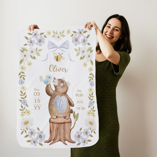Floral Watercolor Woodland Bear Baby Birth Stats Blanket (Floral Watercolor Woodland Bear Baby Birth Stats Baby Blanket)