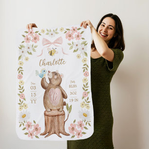 Floral Watercolor Woodland Bear Baby Birth Stats Blanket