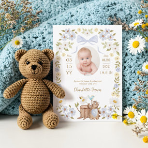 Floral Watercolor Woodland Bear Boy Photo Birth Announcement