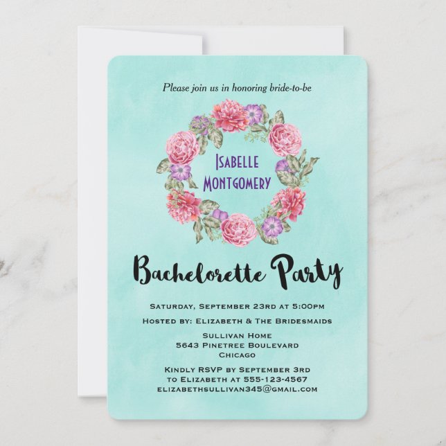 Floral Watercolor Wreath Bachelorette Party Invite (Front)