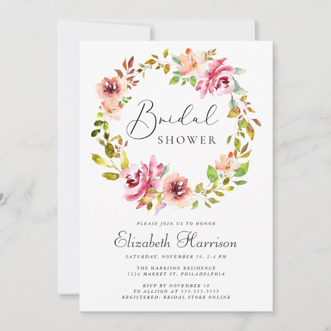 Floral Watercolor Wreath Bridal Shower Invitation (Front)