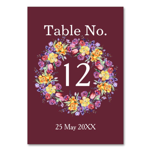 Floral Watercolor Wreath Burgundy Table Number (Front)