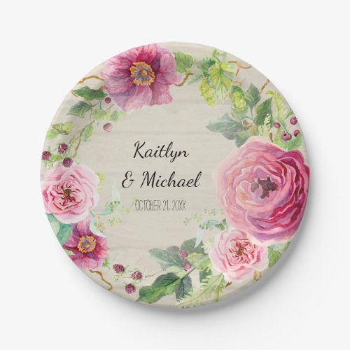 Floral Watercolor Wreath Flowers Pink Rustic Wood Paper Plates