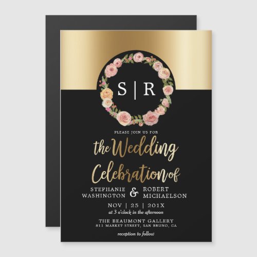 Floral Watercolor Wreath Gold  Black Wedding Magnetic Invitation