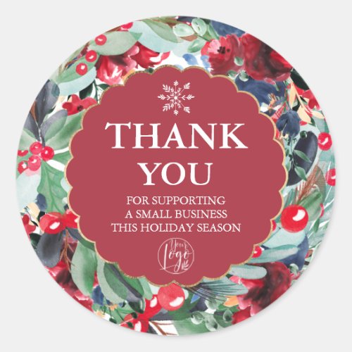 floral watercolor wreath gold red blue thank you classic round sticker