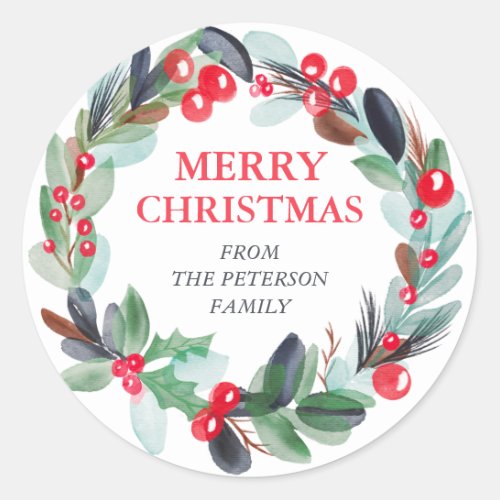 floral watercolor wreath holly red blue Christmas Classic Round Sticker