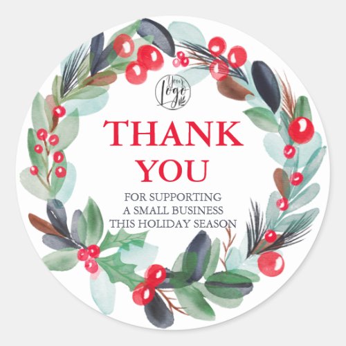 floral watercolor wreath holly red blue thank you classic round sticker