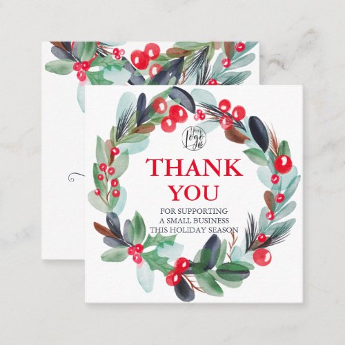 floral watercolor wreath holly red blue thank you  square business card