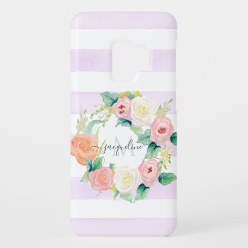 Floral Watercolor Wreath Lavender n White Stripe Case_Mate Samsung Galaxy S9 Case
