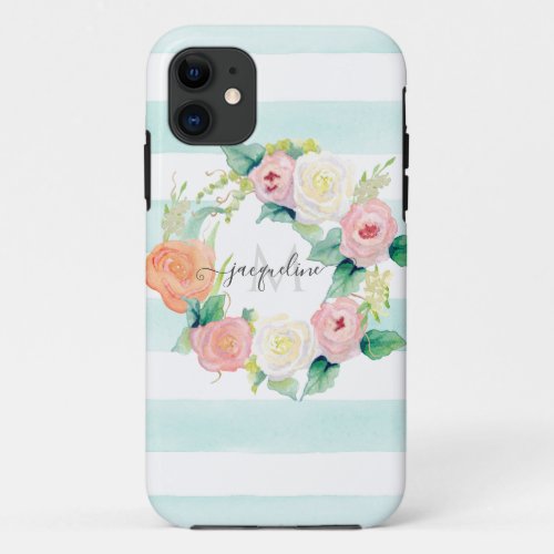 Floral Watercolor Wreath Mint Pink Striped w Name iPhone 11 Case