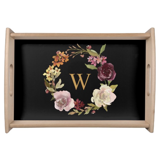 Floral Watercolor Wreath Monogram Black Serving Tray (Front)