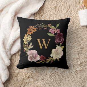 Floral Watercolor Wreath Monogram Black Throw Pillow